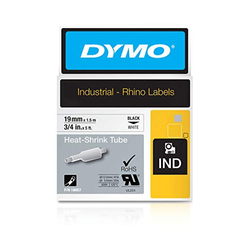 Dymo RNO18057 Rhino Heat Shrink Tubes Industrial Label Tape Cassette, 3/4'' x 5 ft, White, Sold as 1 Roll, 10PACK , Total 10 Roll