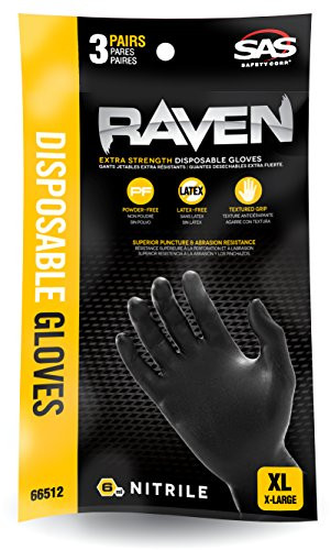 SAS Safety SA66511 Raven Powder-Free Nitrile Gloves, Large, 3-Pack