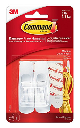 3M MMM17001ES Command by Wall Hooks, White, No Tools or Holes, Easy On, Easy Off, 2 Hooks, 4 Strips, ()