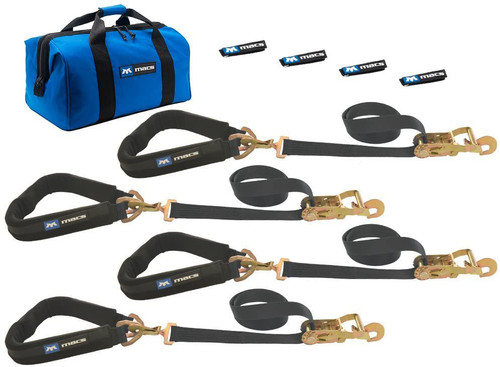 Macs Custom Tie Downs MTD511658 PRO PACK BLACK 2in X 8ft DIRECT HOOK RATCHET STRAPS AND (AXLE STRAPS BLACK 2in X 40in )