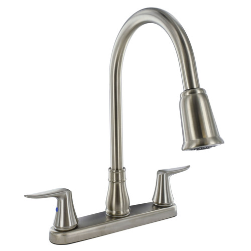 PF221404 Faucet 8 Deck Brushed Nickel Hi-Arc Spout Pull-Down 2-Handle