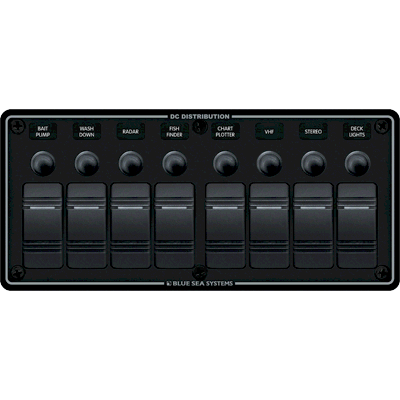 BLUE SEA SYSTEMS BS-8371 BLUE SEA SYSTEMS / Waterproof Switch Panel, MFG# , Consists of eight illuminated Contura switches with push-to-reset circuit breakers. 12 or 24 Volt DC. Horizontal orientation, 9.4 & quot W x 4.25 & quot H. Black color with b