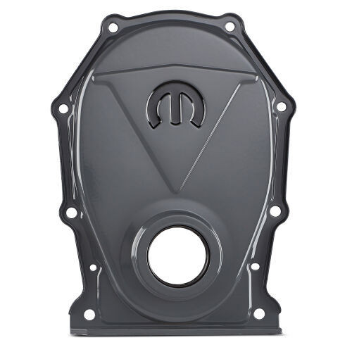 MOPAR STAMPED STEEL TIMING CHAIN CVR FITS CHRYSLER B/RB/HEMI ENGINES SHARK GRAY W/BLACK MOPAR EMBLEM