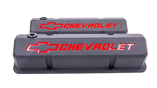 PROFORM 141928 Valve Cover, Slant-Edge, Tall, Baffled, Breather Hole, Recessed Chevrolet Bowtie Logo, Aluminum, Black Crinkle, Small Block Chevy, Pair
