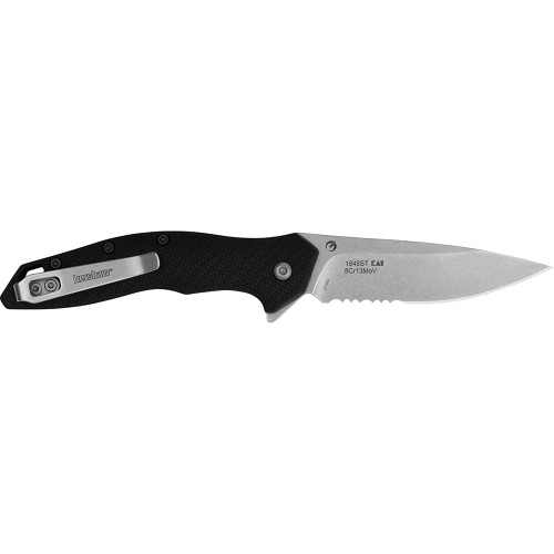 Kershaw Shoreline Serrated Assisted Open Liner Lock 8Cr13MoV Drop Point Blade with Stonewashed Finish EDC Folding Pocket Knife - Black