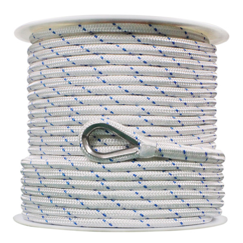 Extreme Max 3006.2511 BoatTector Double Braid Nylon Anchor Line with Thimble - 3/8 x 600, White with Blue Tracer