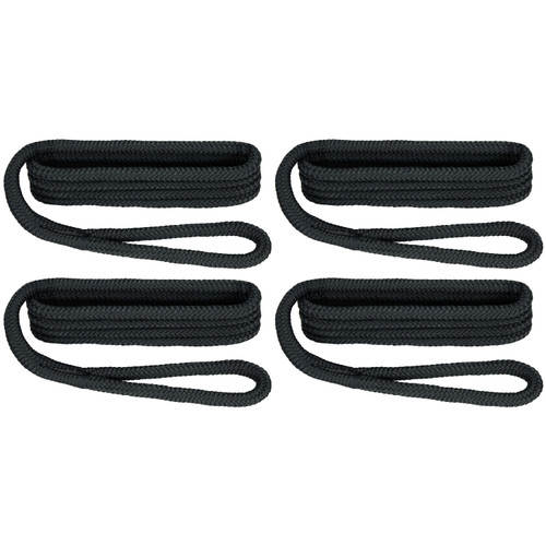 Extreme Max 3006.3383 BoatTector Premium Double Braid Nylon Fender Line Value 4-Pack - 3/8 x 6, Black