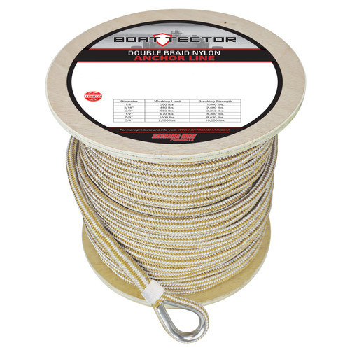 Extreme Max 3006.2279 BoatTector Premium Double Braid Nylon Anchor Line with Thimble - 5/8 x 300, White & Gold
