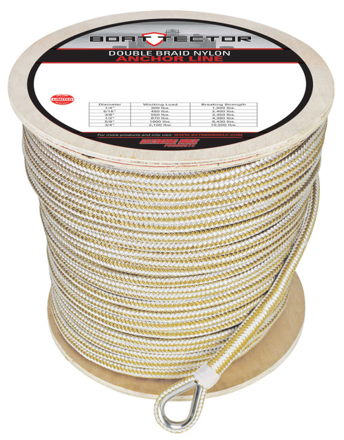 Extreme Max 3006.2376 BoatTector Premium Double Braid Nylon Anchor Line with Thimble - 1/2 x 800, White & Gold