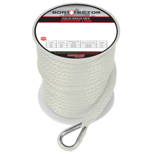 Extreme Max 3006.2054 BoatTector Solid Braid MFP Anchor Line with Thimble - 3/8 x 100, White