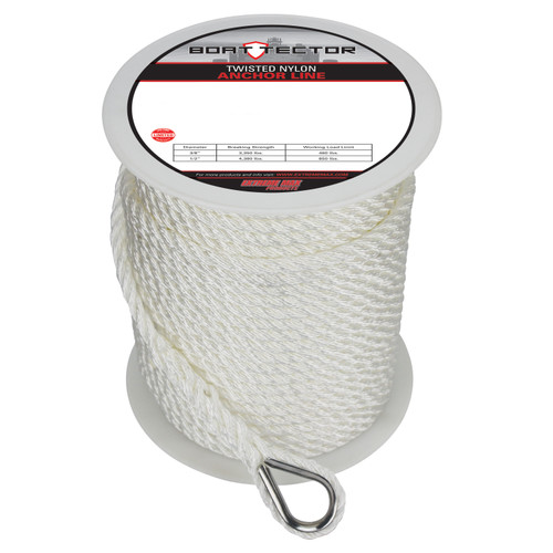 Extreme Max 3006.2297 BoatTector Twisted Nylon Anchor Line with Thimble - 3/8 x 200, White