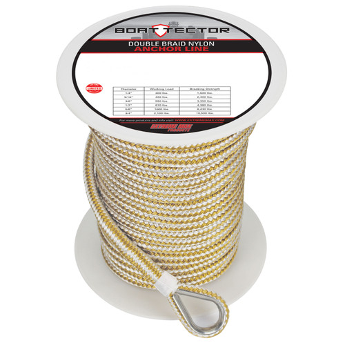 Extreme Max 3006.2246 BoatTector Premium Double Braid Nylon Anchor Line with Thimble - 3/8 x 150, White & Gold