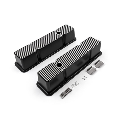 Speedmaster PCE314.1070.04 Chevy SBC 350 Black Aluminum Ribbed Valve Covers Tall w/Hole