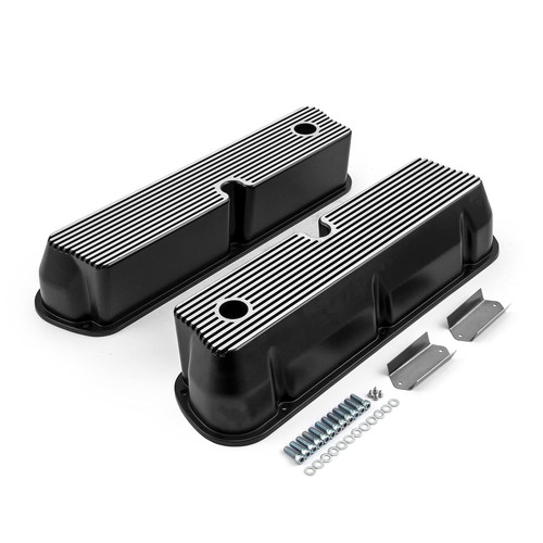 Speedmaster PCE314.1083.06 Ford SB 289 302 351 Windsor Black Aluminum Ribbed Valve Covers Tall w/Hole