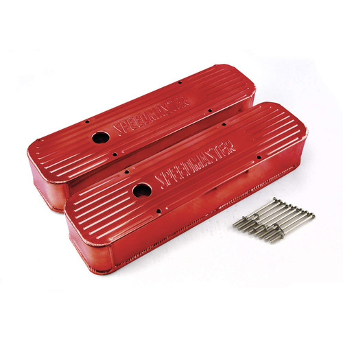Speedmaster PCE314.1099.04 Chevy SBC 350 Red Anodized Fabricated Tall Valve Covers w/ Hole
