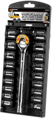 WILMAR WLMW38301 Performance Tool 19 Piece 3/8" Drive SAE and Metric 6 Point Socket Set with Ratchet