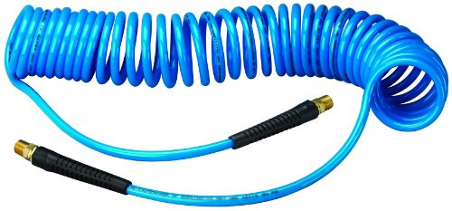 Amflo AMF24-25E-RET Blue 120 PSI Polyurethane Recoil Air Hose 1/4" x 25' With 1/4" MNPT Swivel Ends And Bend Restrictor Fittings
