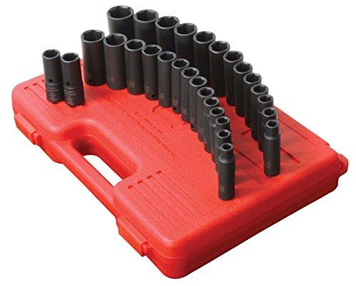 Sunex SUN5153DD 5153DD 1/2-Inch Drive Fractional Metric Deep Impact Socket Set, Inch/Metric, Standard/Deep, 6-Point, Cr-Mo, 7/16-inch - 1-1/4-Inch, 10mm - 27mm, 29-Piece
