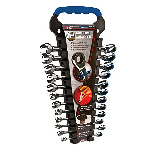 Wilmar W30642 Performance Tool 12pc Metric Combo Ratcheting Wrench Set | Premium Drop Forged Chrome Vanadium Steel | Oil & Corrosion Resistant Finish | Sizes: 8, 9, 10, 11, 12, 13, 14, 15, 16, 17, 18 & 19mm , Black