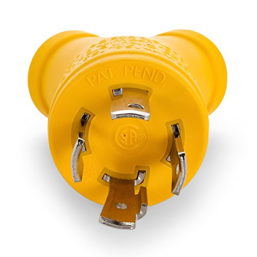 CAMCO 55438 Camco Heavy Duty PowerGrip 4-Prong Generator Adapter - Allows You to Easily and Safely Distribute Power from 30 Amp Male Receptacle Into Two 15 Amp Female Receptacles ()