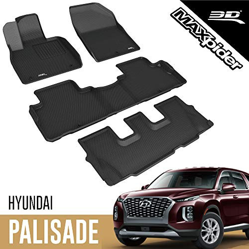 3D MATS/U-AC Y10001509 3D MAXpider Complete Set Black Custom Fit All-Weather Floor Mats for 2020-2021 Hyundai Palisade 8-Seat Models - Kagu Rubber Series