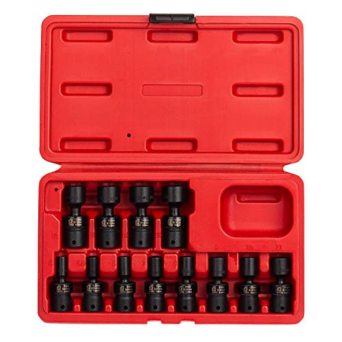 Sunex SU1814 , 1/4 Inch Drive Universal Impact Socket Set, 12-Piece, Metric, 5mm - 15mm, Cr-Mo Steel, Radius Corner Design, Chamfered Opening, Dual Size Markings, Heavy Duty Storage Case