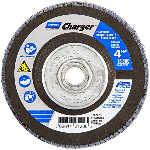 NORTON DOOR CONTROLS NR21288 60 Grit 4-1/2" Diam 5/8-11 Center Hole Type 29 Zirconia Alumina Flap Disc