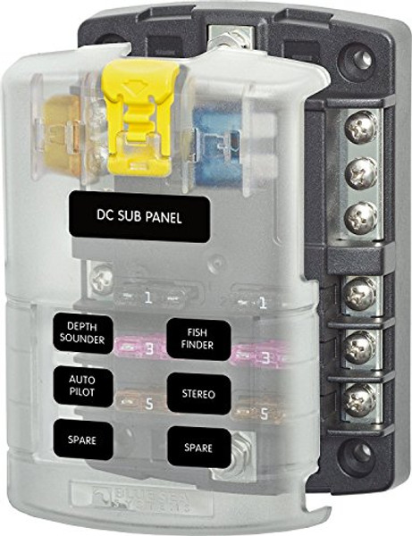 BLUE SEA 5025BSS FUSE BLOCK STBLADE 6CIRC W/GND/CVR