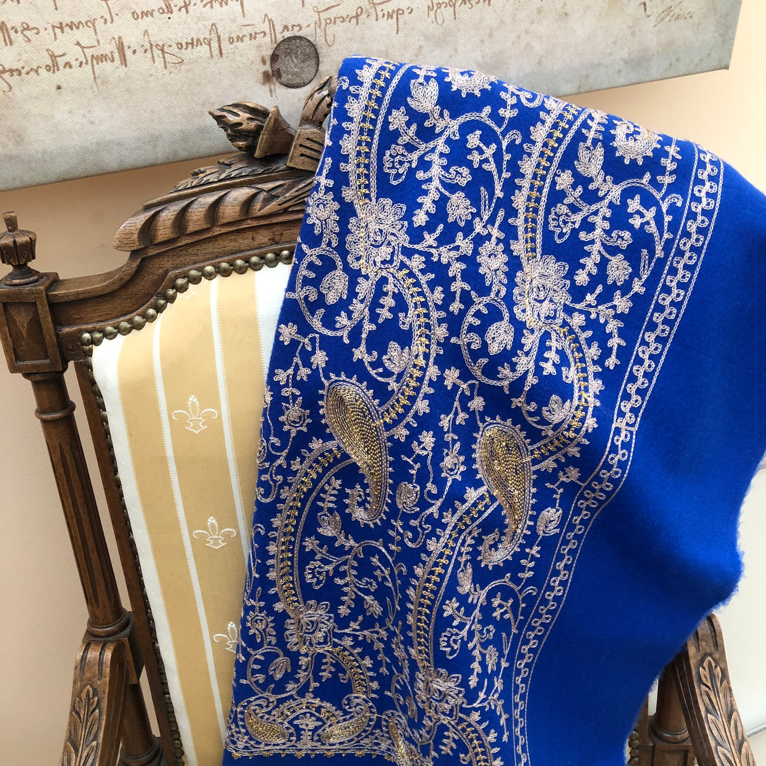 Versailles – Royal Blue Shawl Wrap – Golden Embroidery – 70 x 200 cm