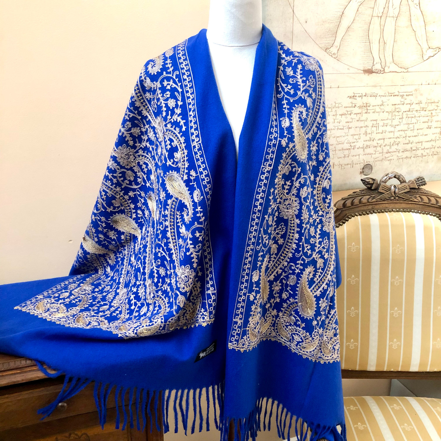 Versailles – Royal Blue Shawl Wrap – Golden Embroidery – 70 x 200 cm