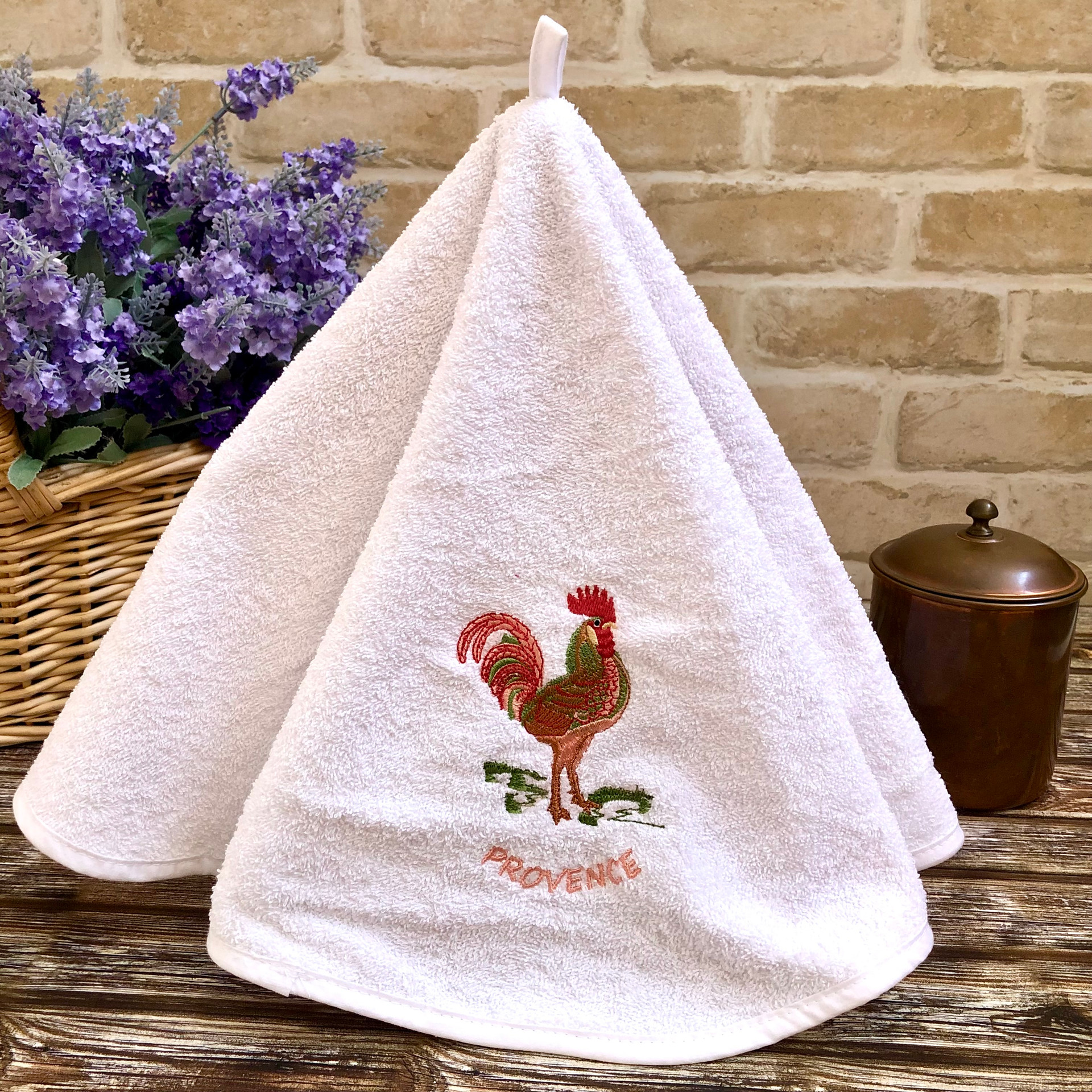 Rooster White French Round Hand Towel