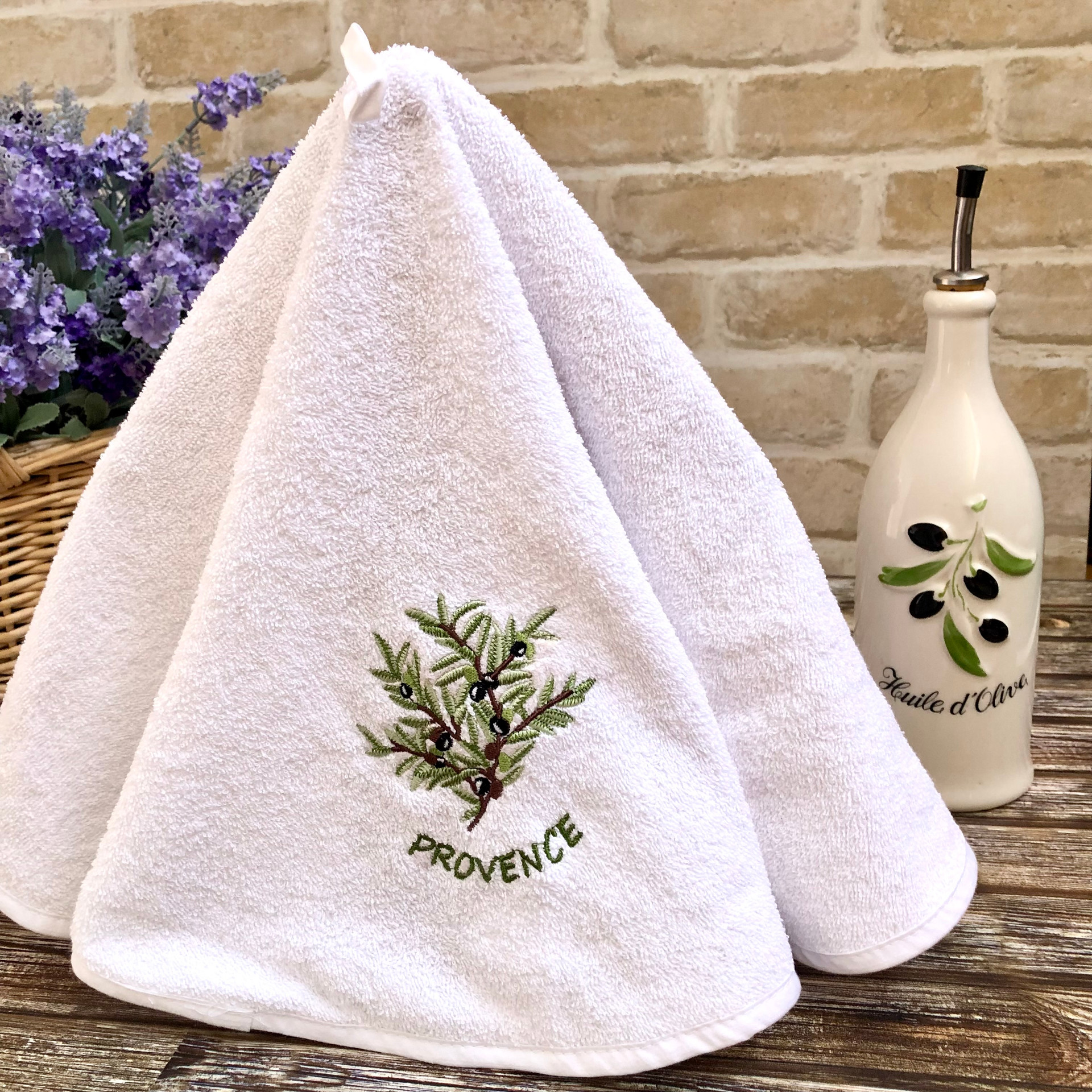 Olive Branch White French Round Hand Towel