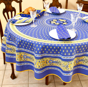 Marat Avignon Bastide Blue French Tablecloth Round 180cm COATED Made in France 