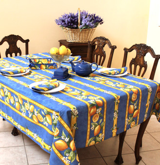 Lemon Blue French Tablecloth 155x300cm 10seats COATED Made in France