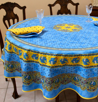 180cm Round French Tablecloth Cotton Marat Avignon Tradition Blue Made in France