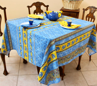 Marat Tradition Blue Square French Tablecloth 150x150cm COATED Made in France