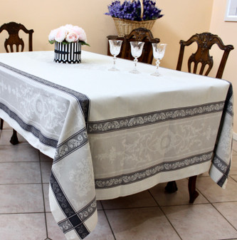 Montmirail Grey Jacquard French Tablecloth 160x300cm 10seats Made in France