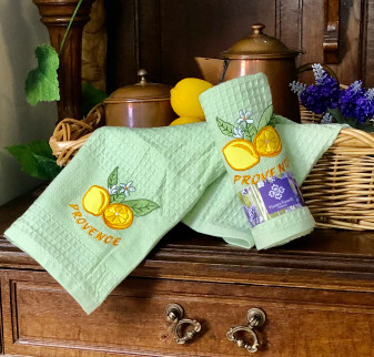 Provence Embroidered Waffle Tea Towel 1pc Lemon Green