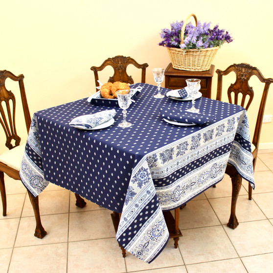 Marat Avignon Bastide Navy Square 150x150cm COATED FrenchTableclot Made in Franceh