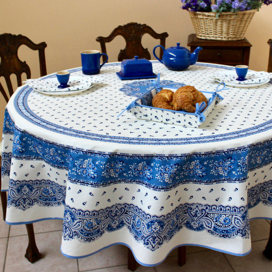 180cm Round French Tablecloth Cotton Blue white