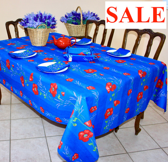 Poppy Blue 155x350cm 12Seats French Tablecloth Made in France