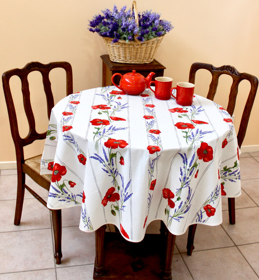 150cm Round French Tablecloth Cotton Poppies red on ecru