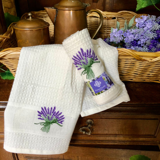 Provence Embroidered Waffle Tea Towel 1pc Lavender Ecru