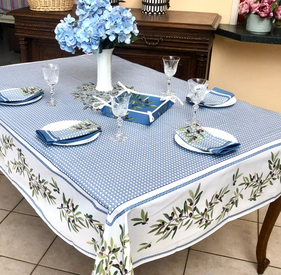 Nyons Blue/White French Tablecloth 155x300cm 10Seats  Made in France