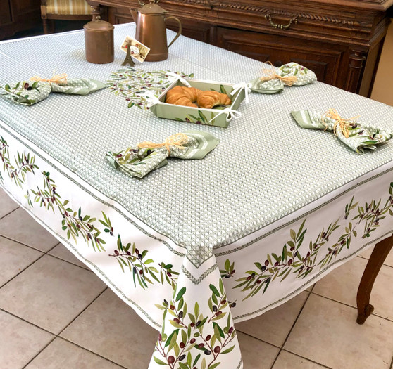 Nyons Green French Tablecloth 155x300cm 10Seats COATED Made in France