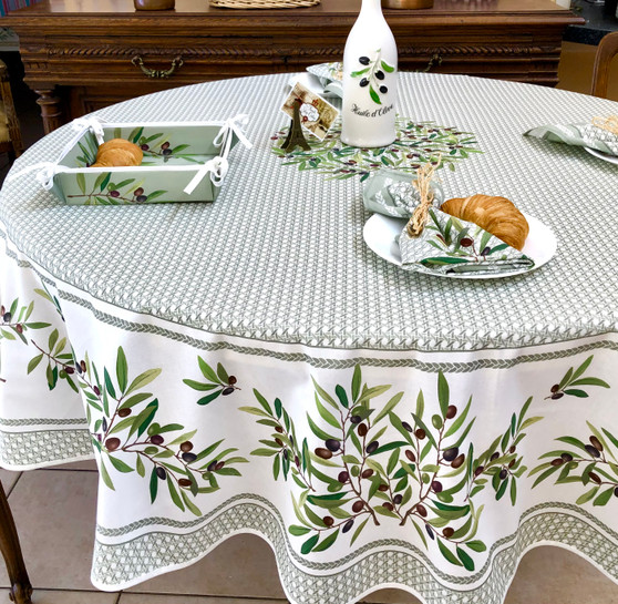 Nyons Green French Tablecloth Round 180cm COATED Made in France