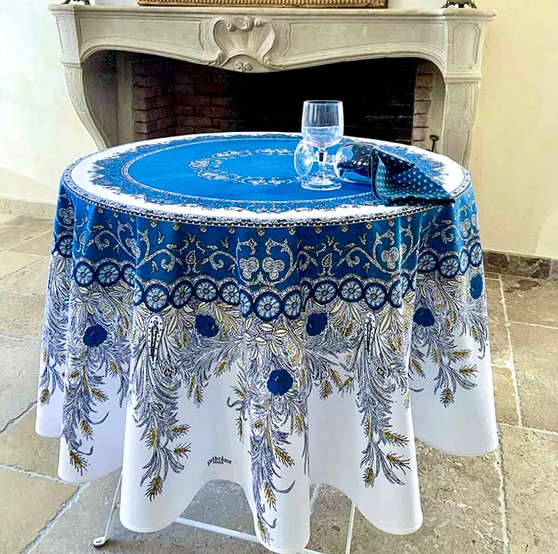 175cm Round French Tablecloth Coated Montmirail Navy Made in France