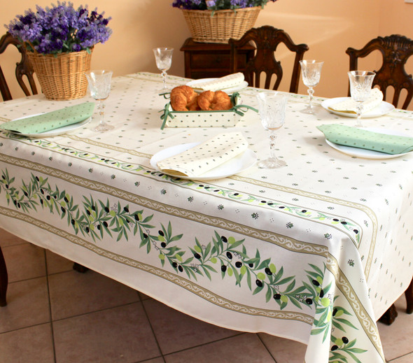 200 x 150 cm French coated tablecloth – Ramatuelle Ecru – wipe-clean olive branch design on ecru background – 6-seat size – made in France 200 x 150 cm French coated tablecloth – Ramatuelle Ecru – wipe-clean olive branch design on ecru background – 6-seat size – made in France