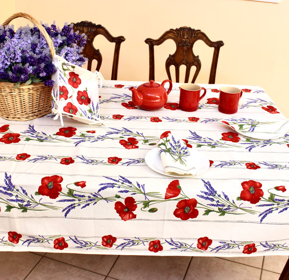 Poppy Ecru French Tablecloth 155x300cm 10seats COATED Made in France