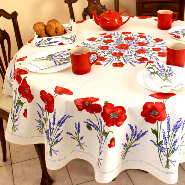 180 cm round French stain-resistant coated cotton tablecloth – Poppy Ecru with red poppies and green sprigs – made in France 180 cm round French stain-resistant coated cotton tablecloth – Poppy Ecru with red poppies and green sprigs – made in France